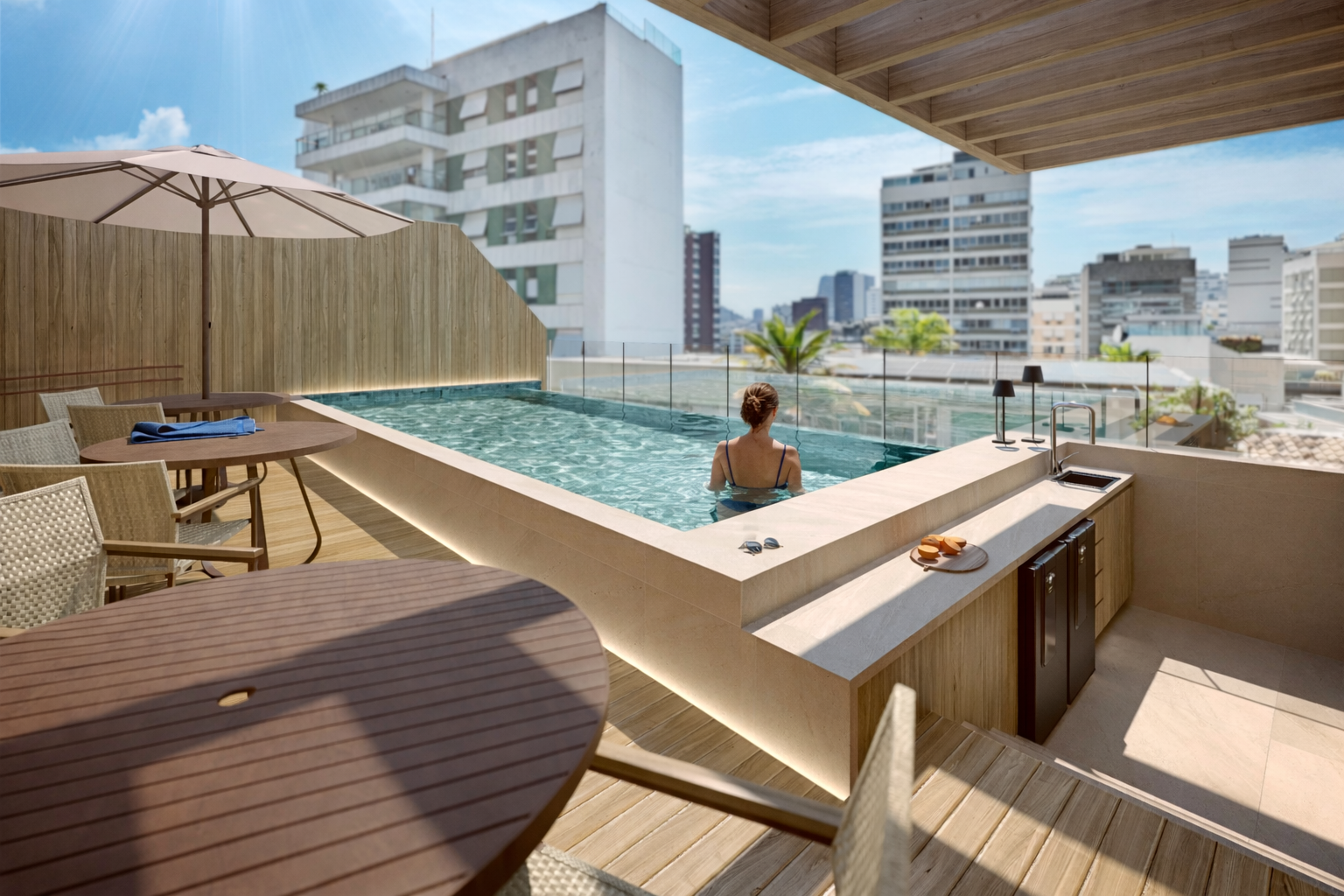 Rooftop com piscina e vista para o mar do Leblon no Guilhem, Rio de Janeiro