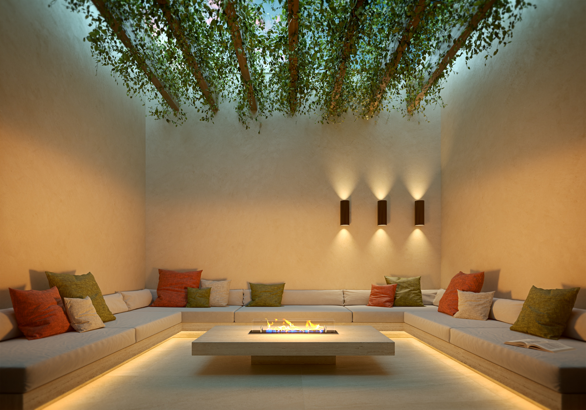 Espaço fire pit com lareira no Guilhem Leblon