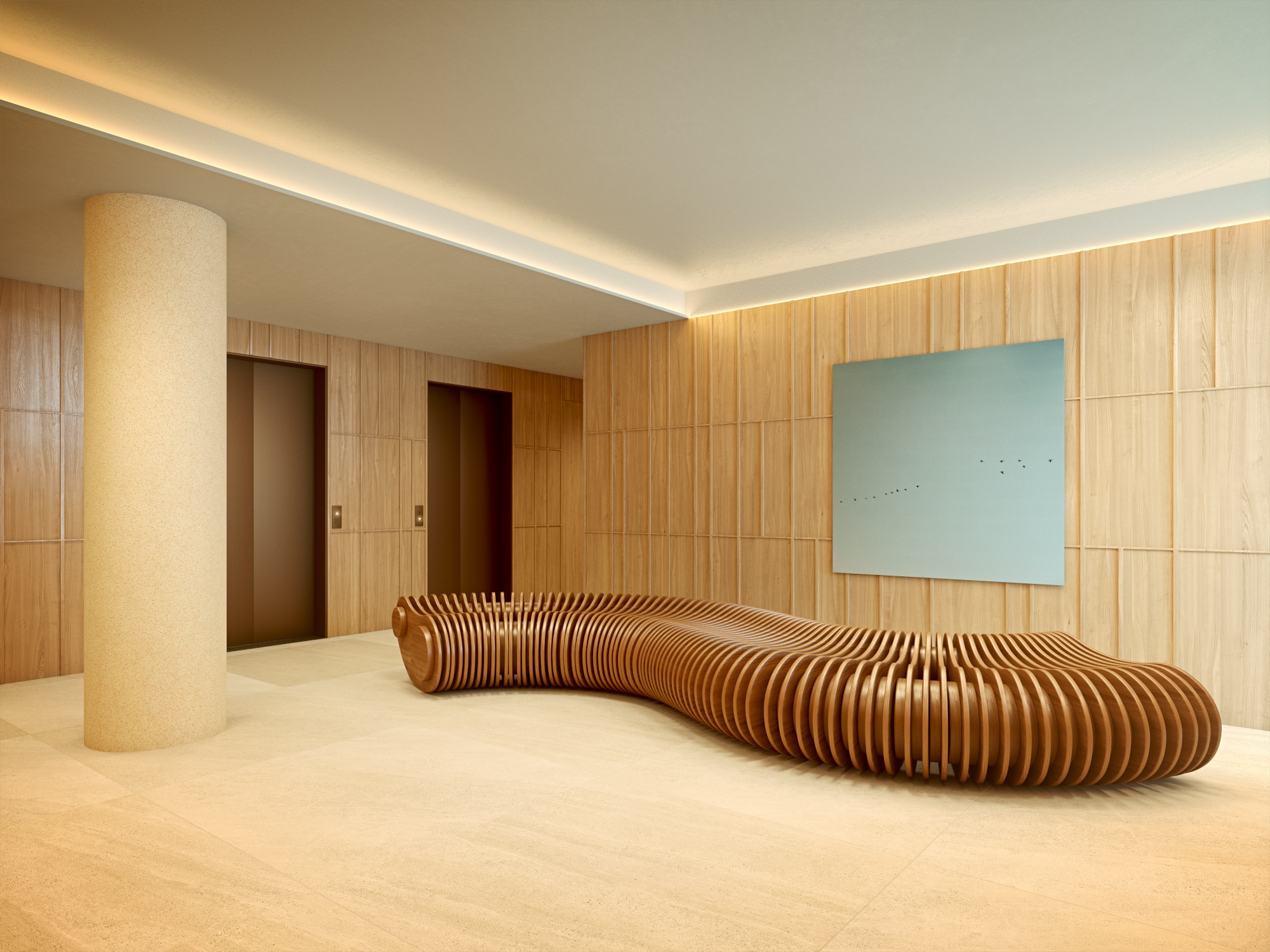 Lobby de alto padrão do Guilhem Leblon com banco em madeira curvada