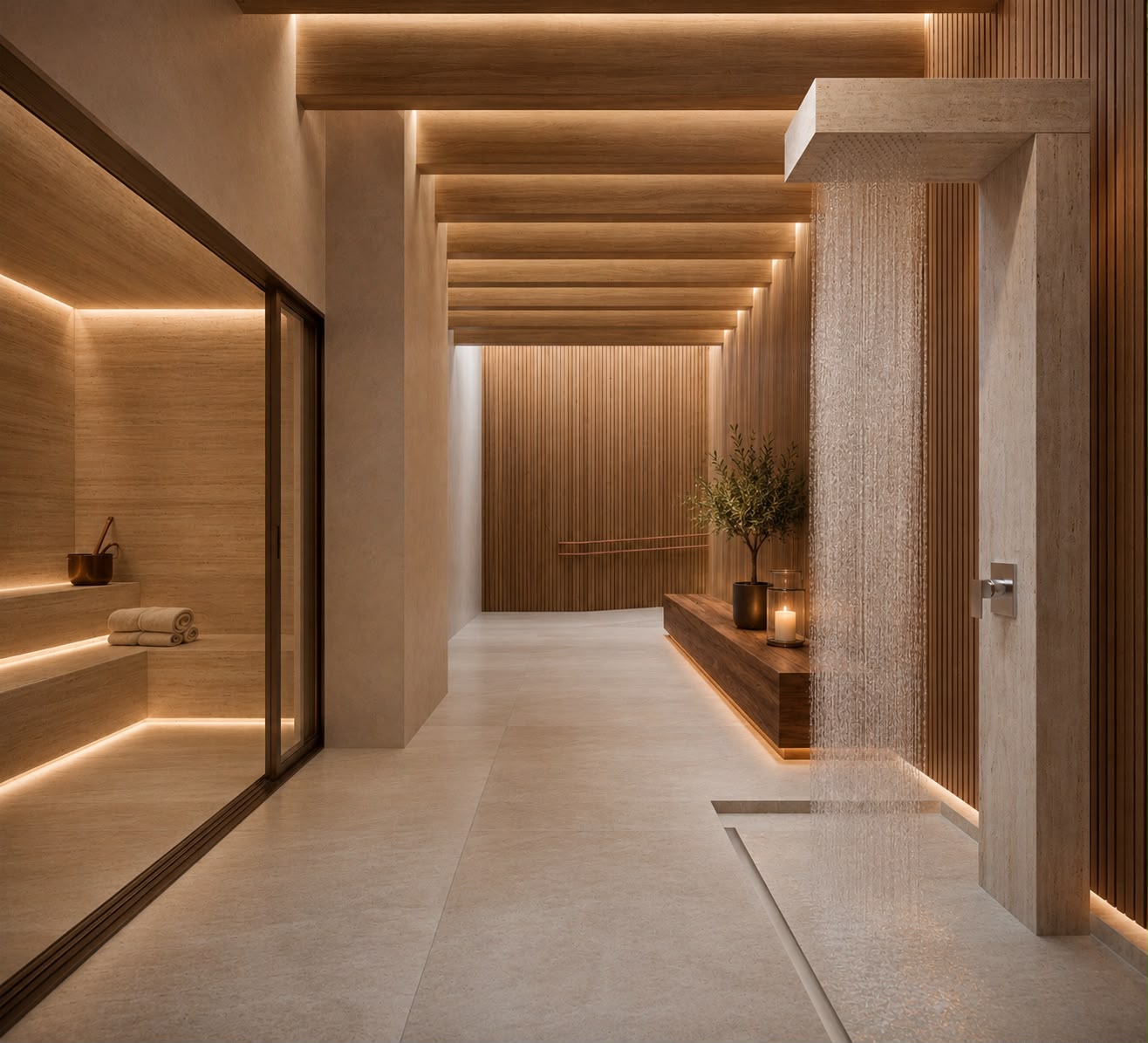 Sauna do Guilhem Leblon com ducha e bancada em madeira